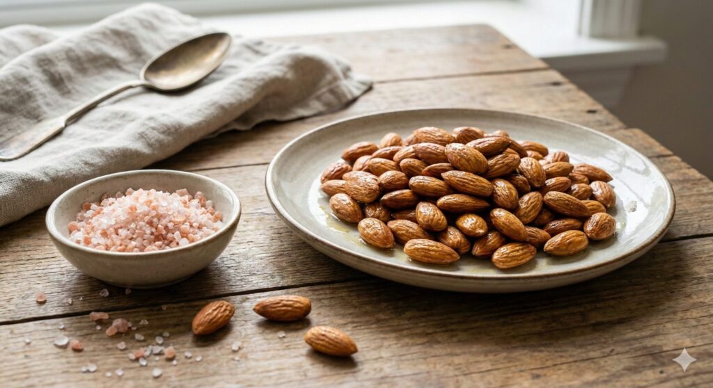 Organic roasted almonds and Himalayan pink salt, essential ingredients for biohacking diet.