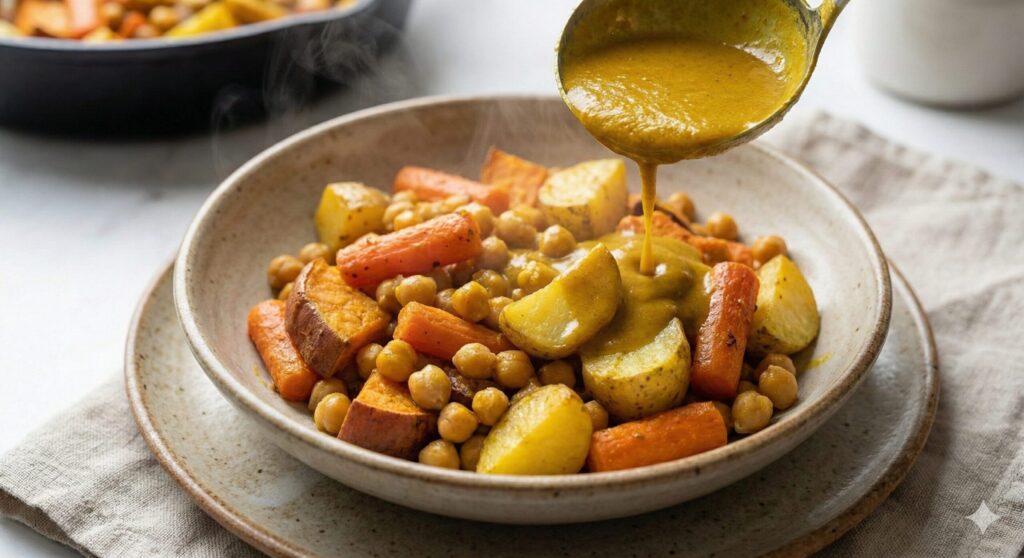 생체 이용률을 높이기 위해 카레가루와 검은 후추로 만든 풍부한 황금빛 카레 소스를 뿌리고 있는 구운 뿌리채소와 병아리콩.