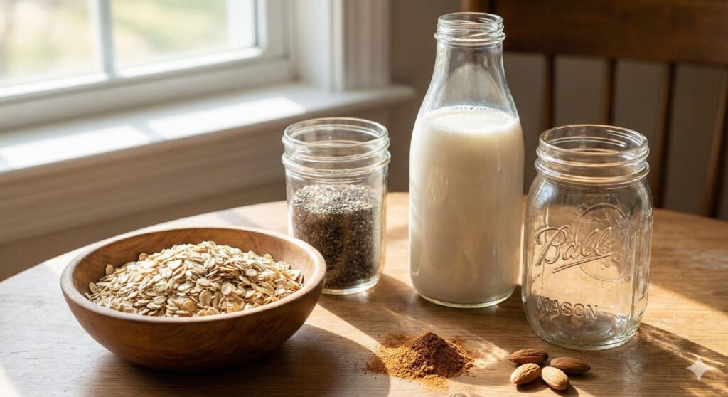 아침 햇살이 비치는 나무 테이블 위에 놓인 롤드 오트(귀리), 치아씨드, 아몬드 우유 병과 빈 유리병. 장 건강을 위한 저항성 전분 식재료 준비 모습.
