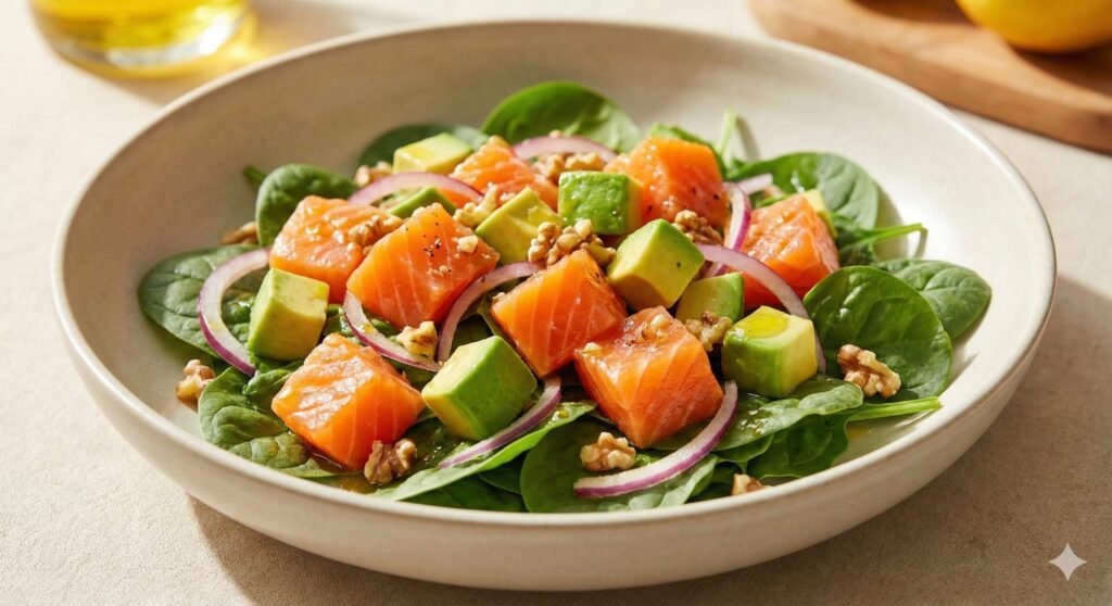 뇌 가소성과 세포 항노화를 위해 올리브 오일 드레싱으로 코팅된 완성된 신선한 연어 아보카도 샐러드 플레이팅.