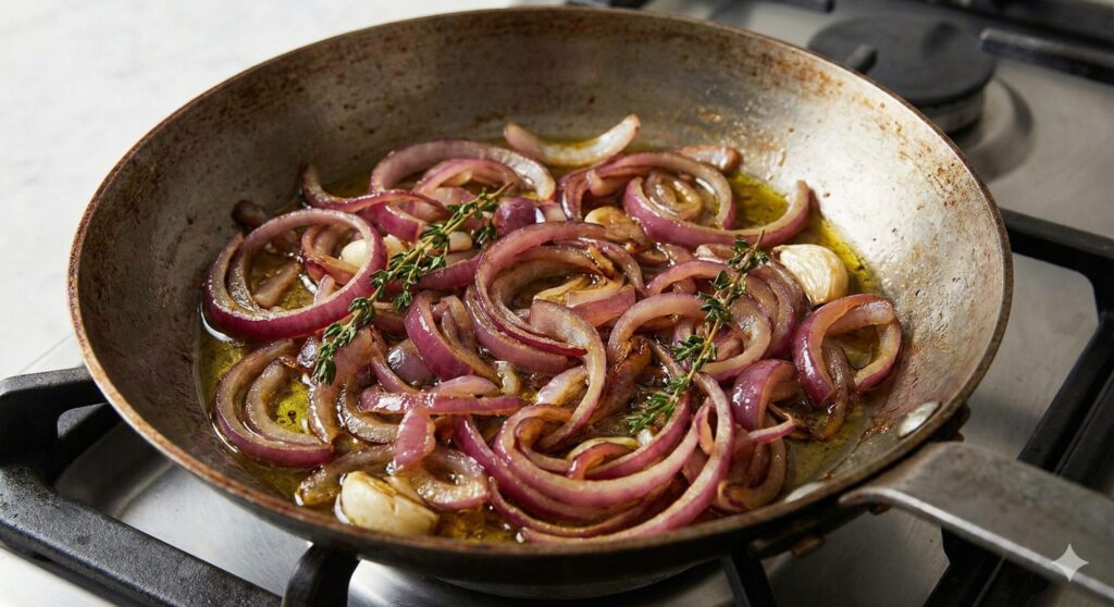 Sliced red onions gently sautéed and caramelized in a skillet with olive oil and herbs, illustrating a flavorful and healthy biohacking cooking method.