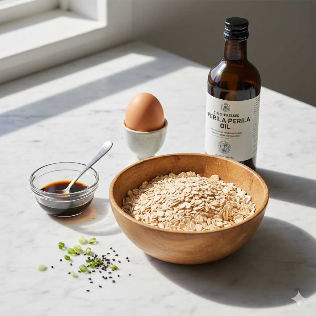 Essential ingredients for savory oatmeal: oats, organic egg, perilla oil, and soy sauce for brain health.
