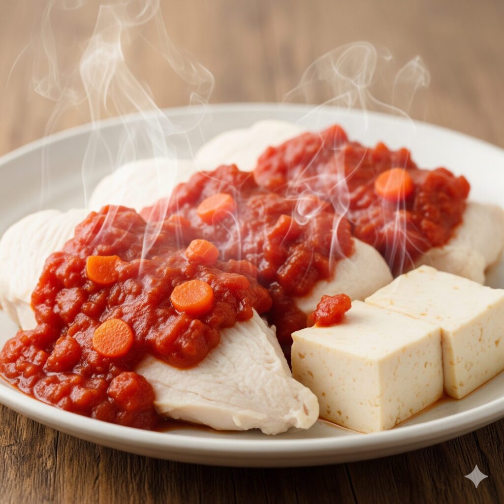Rich, dark red homemade tomato sauce poured over boiled chicken breast and tofu, steam rising, representing a healthy anti-inflammatory meal.