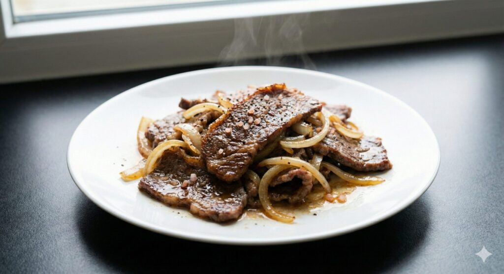 노릇하게 볶아진 소고기와 윤기 나는 양파 볶음이 하얀 접시에 담긴 모습. 심플하고 건강한 고기 요리.