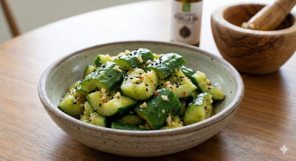 Crisp and refreshing smashed cucumber salad (Oi Tangtang-i) dressed in apple cider vinegar and perilla oil.