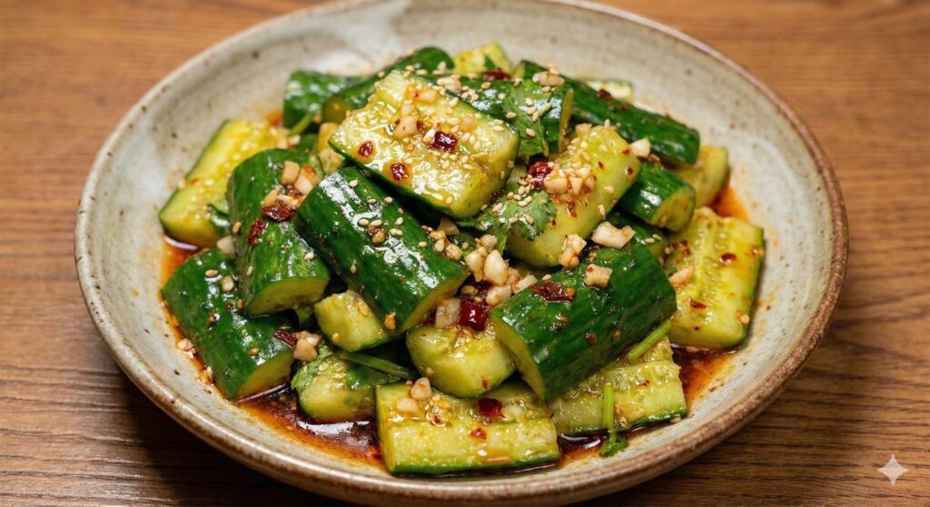 으깬 오이(Smashed Cucumber)에 마늘과 들기름 소스가 버무려진 샐러드. 부종 제거와 해독을 돕는 바이오해킹 레시피.