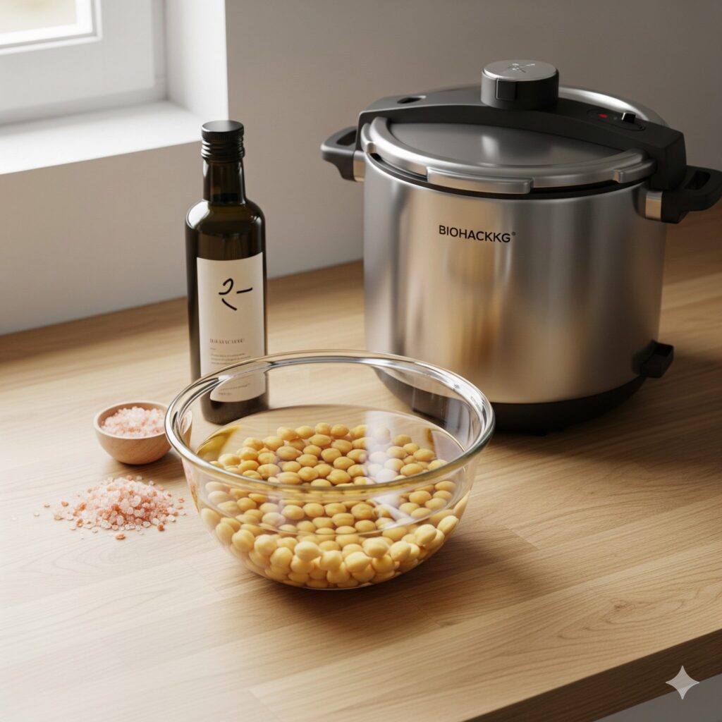 Soaked chickpeas drained in a colander next to a modern pressure cooker, olive oil, and spices, ready for a biohacking preparation.