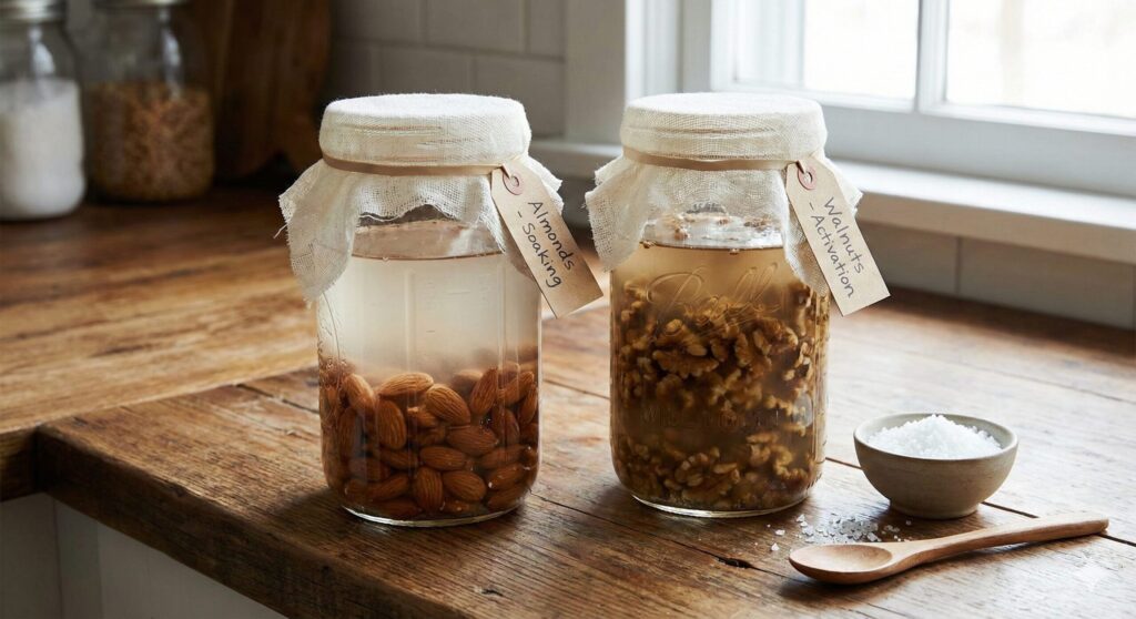 Two glass jars on a kitchen counter, one filled with almonds in cloudy water and the other with walnuts in water, covered with cheesecloth, demonstrating the nut soaking process.