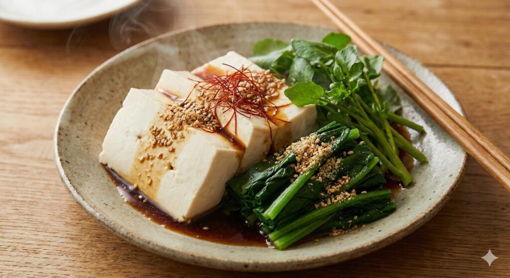윤기 나는 간장 들기름 드레싱을 뿌리고 으깬 깨를 얹은 따뜻한 두부와 데친 나물 요리. 균형 잡힌 바이오해킹 식단.