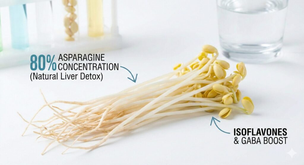 A close-up infographic showing raw soybean sprouts in a scientific setting. An arrow points to the long roots with text "80% ASPARAGINE CONCENTRATION (Natural Liver Detox)", and another points to the bean heads with text "ISOFLAVONES & GABA BOOST", illustrating the nutritional value of the whole sprout.