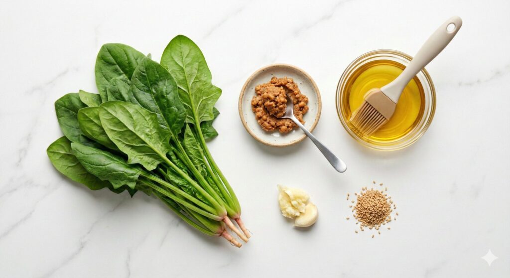 Measured raw ingredients for the biohacking spinach and doenjang salad featuring fresh spinach, traditional fermented soybean paste, perilla oil, garlic, and sesame seeds.