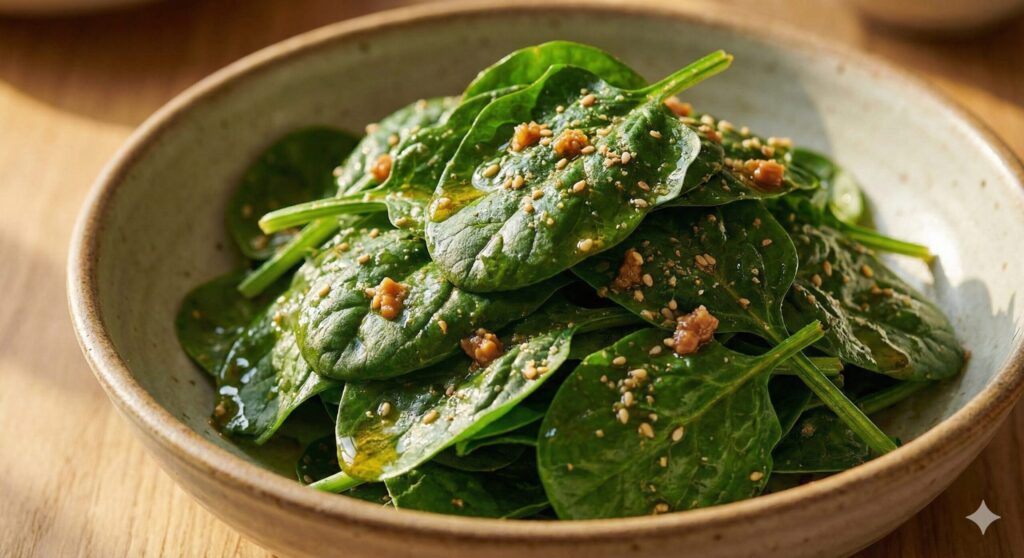 Plated spinach and doenjang salad glistening with perilla oil, optimized for magnesium and gut health.