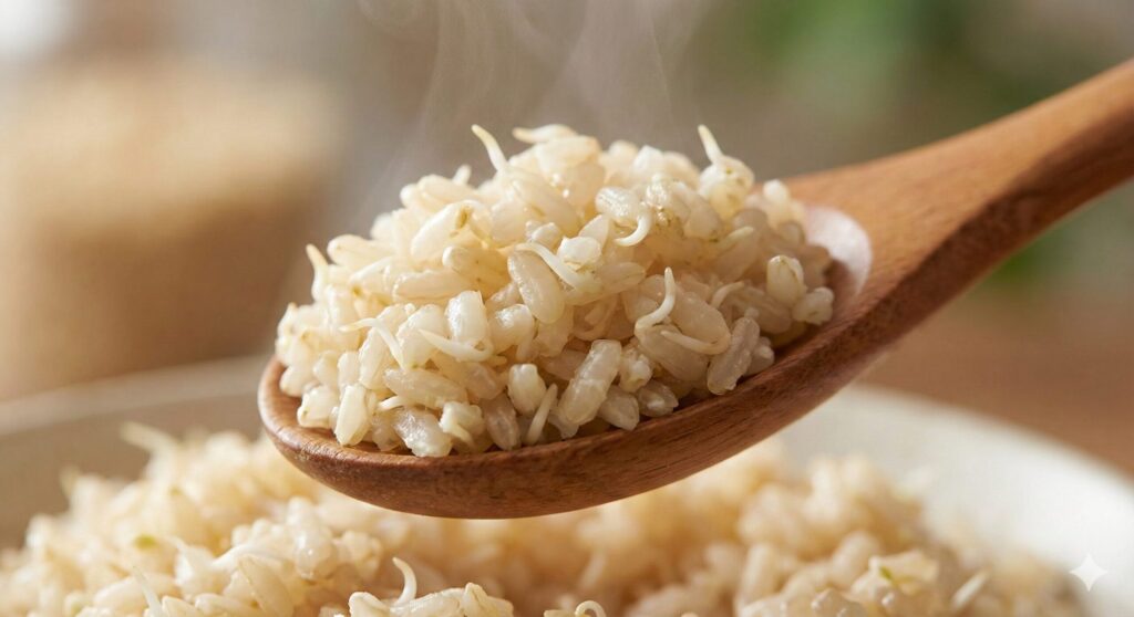  A macro shot of a spoon lifting fluffy, cooked sprouted brown rice. The tiny sprouts are visible, symbolizing living enzymes and easier digestion compared to tough regular brown rice.