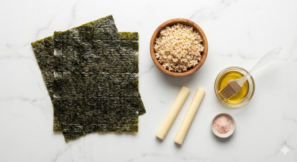 Measured raw ingredients for the sprouted brown rice and cheese seaweed roll recipe including dried seaweed, sprouted brown rice, natural string cheese, perilla oil, and pink salt.