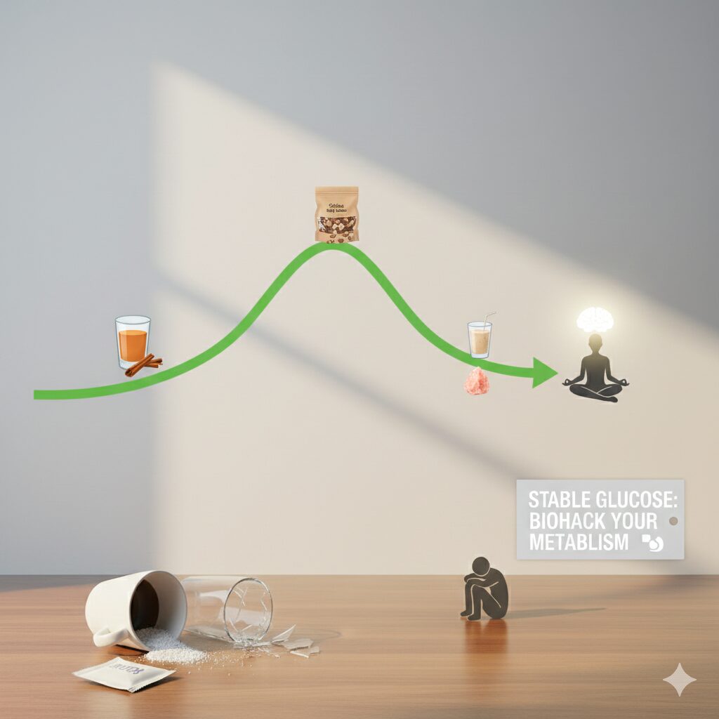 실론 시나몬 워터와 항염 식단을 통해 유지되는 완만하고 건강한 혈당 곡선 그래프.