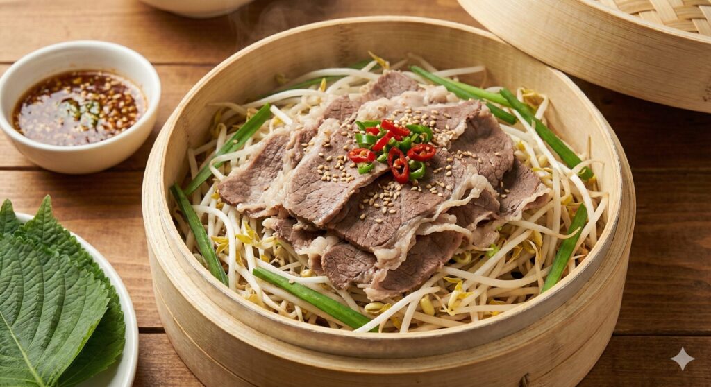 Steamed Beef and Bean Sprouts, a low-AGEs meal high in Zinc for tightening intestinal junctions.