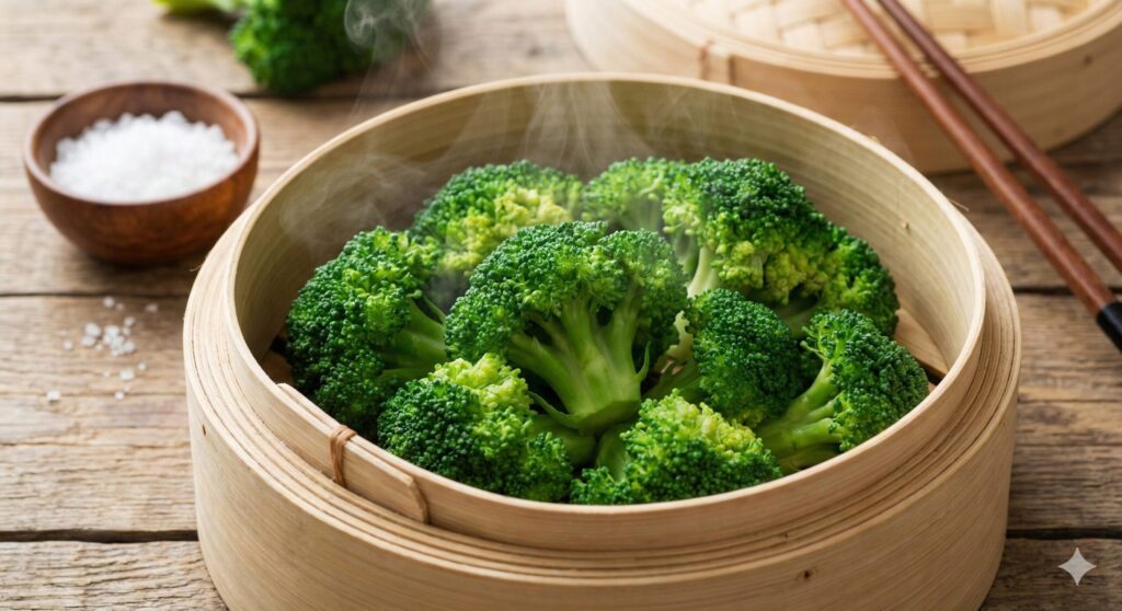 Freshly steamed broccoli sprinkled with mustard seed powder to activate sulforaphane, a key biohacking tip for maximizing nutrition.