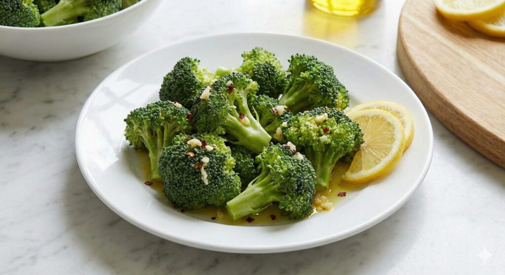 Bright green steamed broccoli tossed in garlic oil and red pepper flakes, glistening with healthy fats, served in a ceramic bowl.