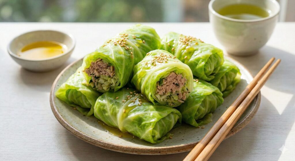 Healthy cabbage wraps filled with tuna and perilla oil, a perfect anti-inflammatory meal.