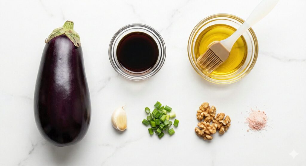 Measured raw ingredients for the biohacking steamed eggplant recipe featuring whole eggplant, perilla oil, soy sauce, garlic, green onions, and walnuts.