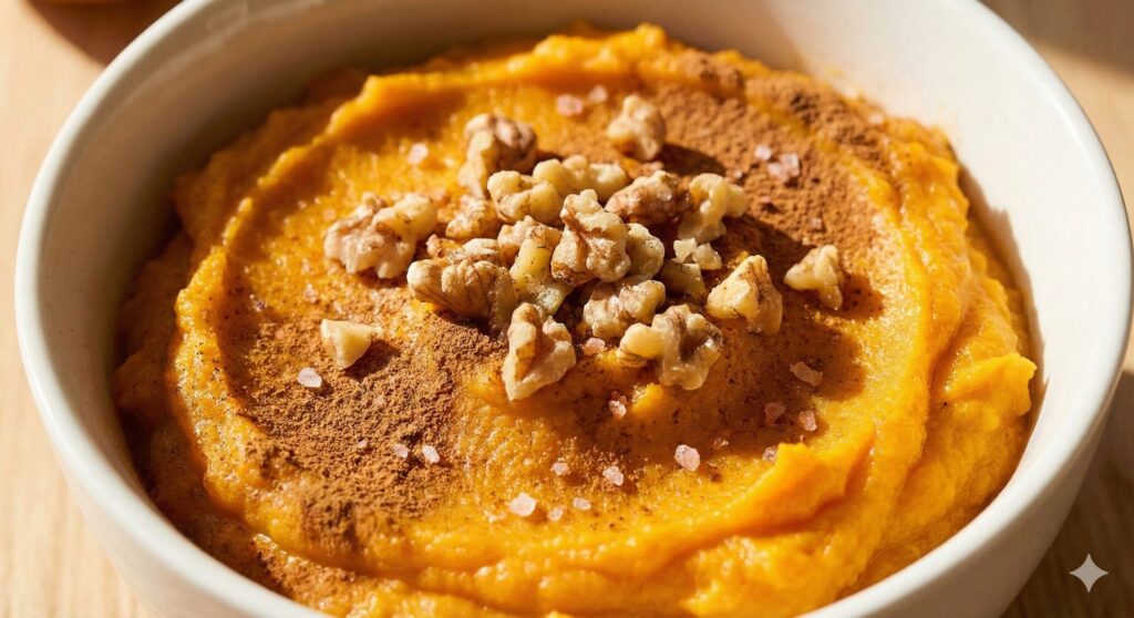 부기 관리와 혈당 안정을 위해 시나몬 가루와 호두를 토핑한 완성된 따뜻한 단호박 매쉬 플레이팅.