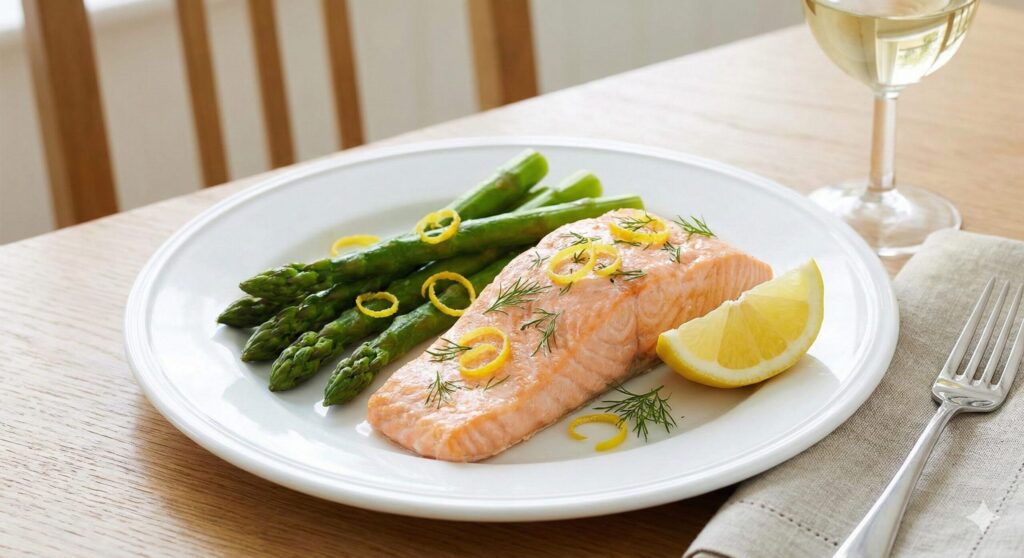 A scientifically cooked meal: Steamed smoked salmon and asparagus, maximizing DHA retention.