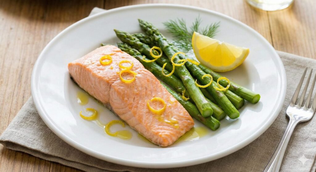Steamed smoked salmon and asparagus, cooked at low temperature to preserve Omega-3 fatty acids.