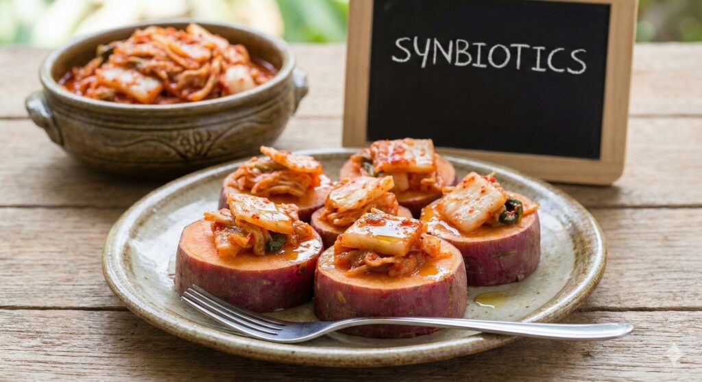 Sliced steamed sweet potato topped with spicy fermented kimchi, served on a ceramic plate, representing a healthy Korean biohacking snack.