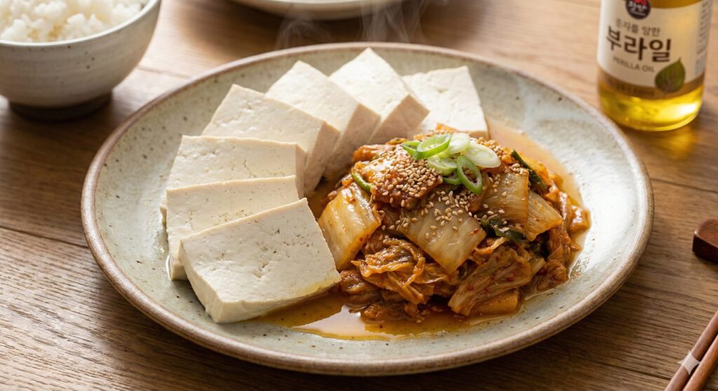 오메가-3가 풍부한 들기름 볶음 김치와 따뜻한 두부.