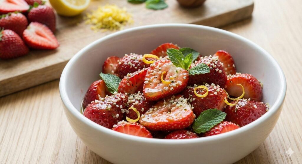 A close-up photograph of a vibrant, glossy strawberry lemon salad in a white ceramic bowl, garnished with fresh mint, lemon zest, and a sprinkle of hemp hearts.