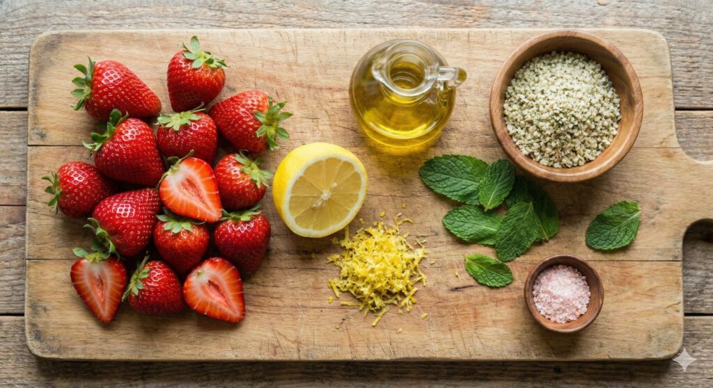 A flat lay photograph of raw biohacking ingredients for a strawberry lemon salad, featuring vibrant fresh strawberries, a halved lemon, extra virgin olive oil, hemp hearts, and fresh mint leaves on a wooden board.