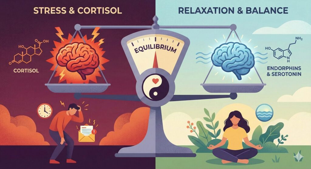 Illustration showing the biological inverse relationship between high cortisol stress levels and the relaxation effect of a cheat meal.
