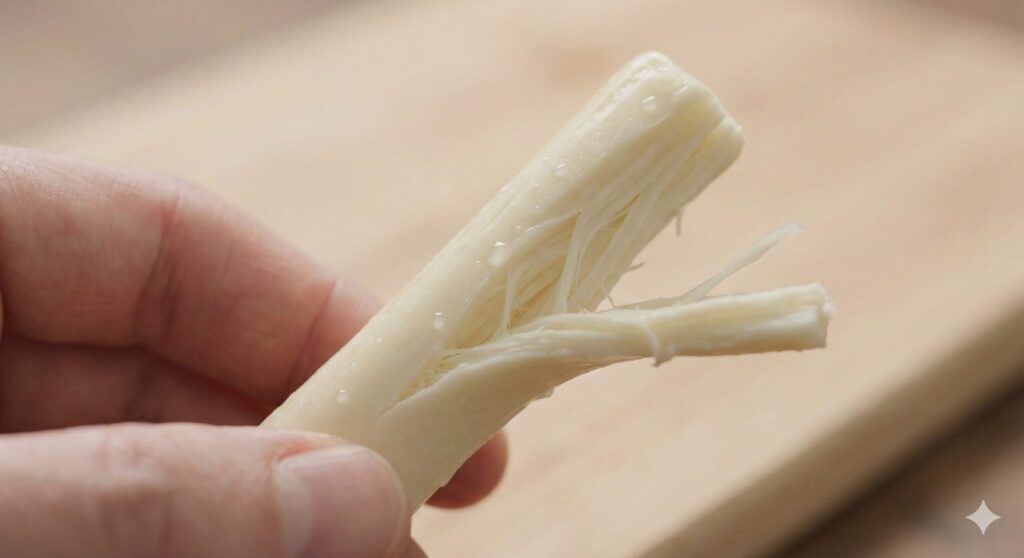 결대로 부드럽게 찢어지는 모짜렐라 스트링치즈의 질감 클로즈업, 바이오해커를 위한 간편하고 경제적인 단백질 급원