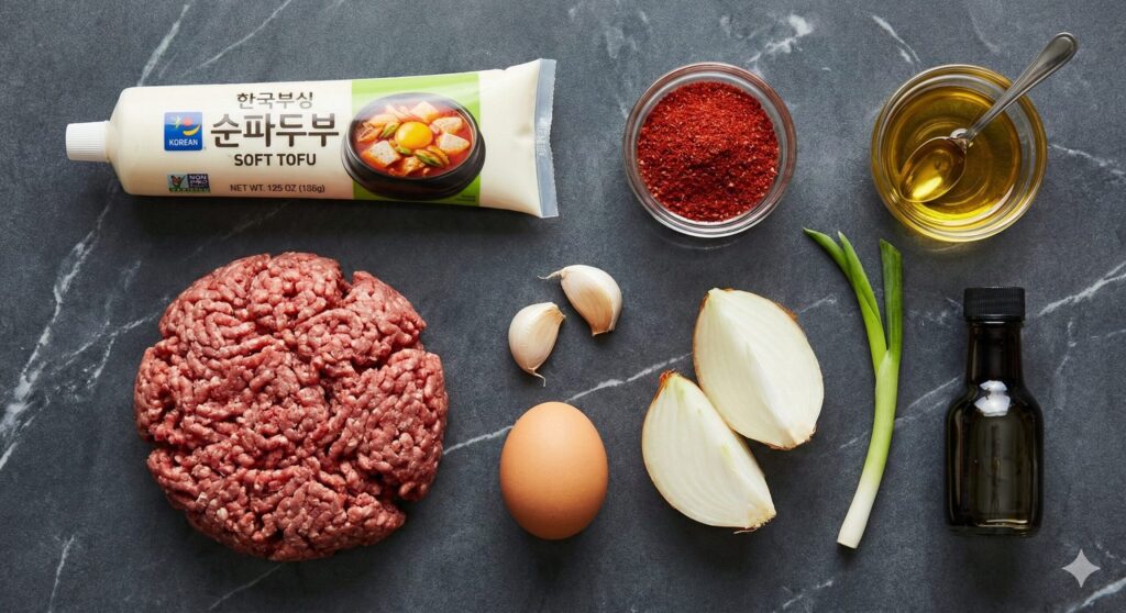 Measured raw ingredients for the biohacking beef sundubu jjigae recipe featuring soft tofu, minced beef, gochugaru, perilla oil, and egg.