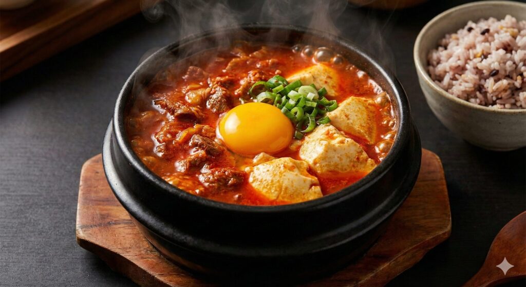 Bubbling Korean beef soft tofu stew (sundubu jjigae) in an earthenware pot with a whole egg on top, optimized for metabolism boosting.