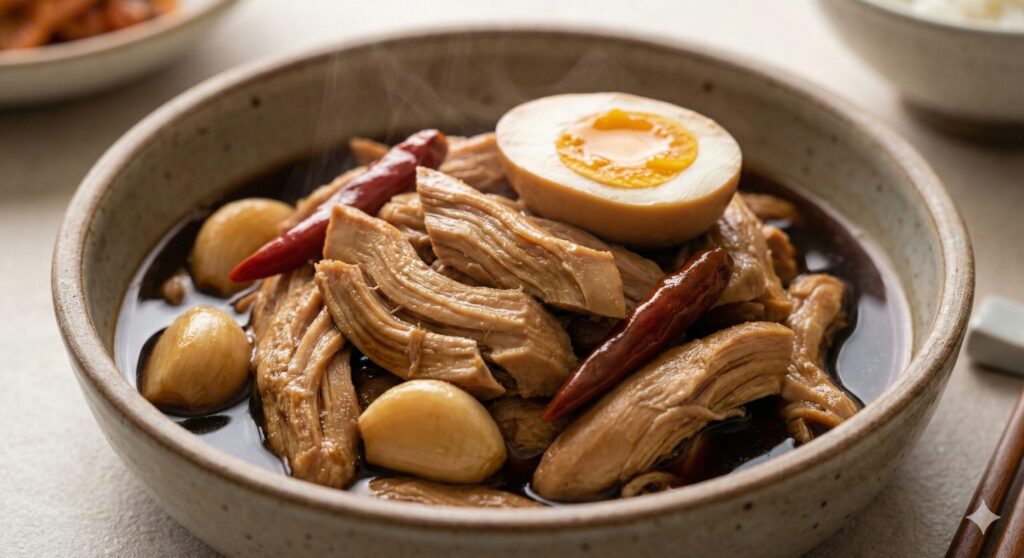 A ceramic bowl filled with tender, shredded chicken breast jangjorim gently simmered in a dark soy-based sauce, garnished with mild red chili peppers and whole garlic cloves. A halved soy-braised egg is on top.