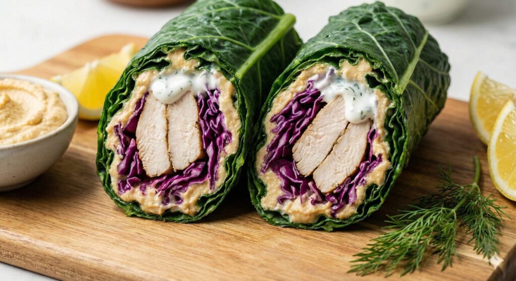 두툼하게 말린 닭가슴살 케일 랩의 단면. 꽉 찬 속재료와 선명한 초록색 케일이 돋보이는 저탄수화물 도시락.