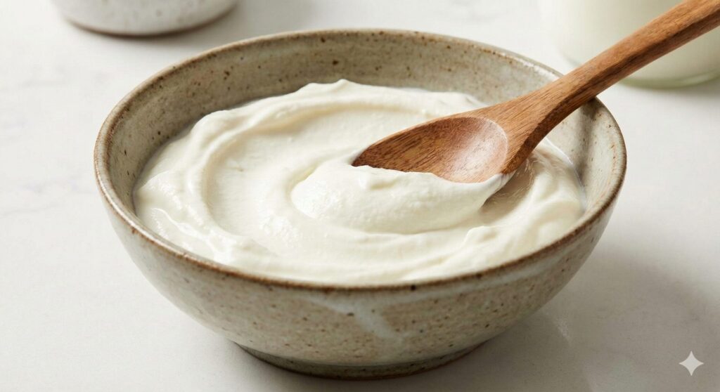 A close-up of thick, creamy plain Greek yogurt in a rustic bowl with a wooden spoon, highlighting its dense texture rich in probiotics and casein protein.