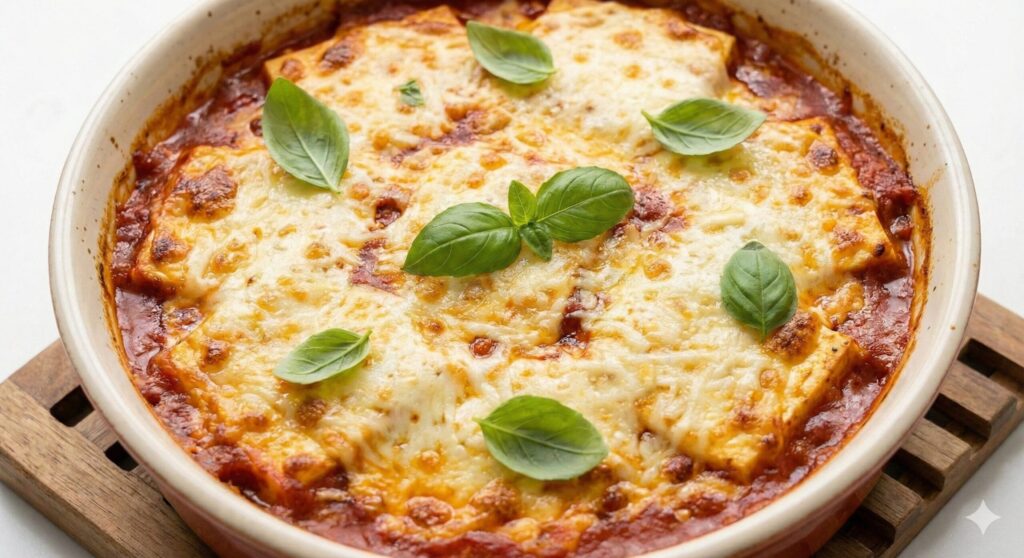 A bubbling, golden-brown tofu gratin in a baking dish, topped with melted cheese and fresh basil, showing the rich tomato sauce underneath.