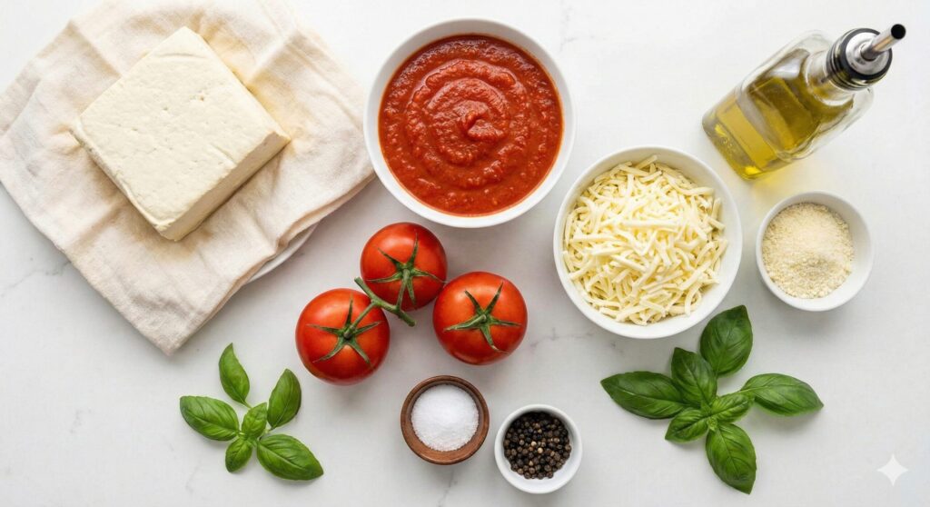 Fresh biohacking ingredients for tofu gratin, including a block of firm tofu, a bowl of homemade tomato sauce, shredded mozzarella, and fresh basil.