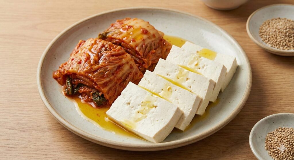 Sliced tofu served with aged Kimchi and drizzled with Perilla Oil, a perfect no-cook biohacking meal.