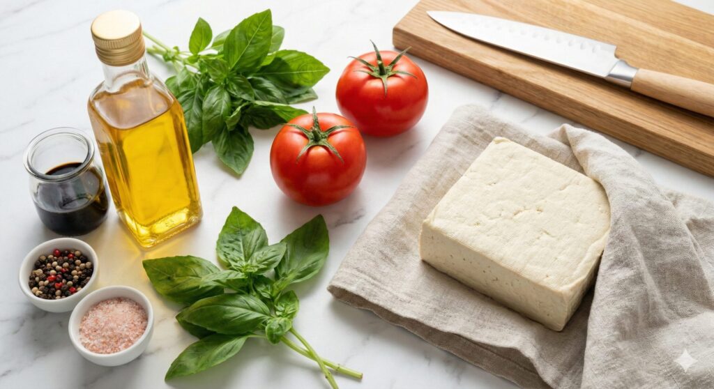  A block of firm tofu, fresh red tomatoes, a bunch of basil leaves, a bottle of golden raw perilla oil, and balsamic glaze on a marble surface.
