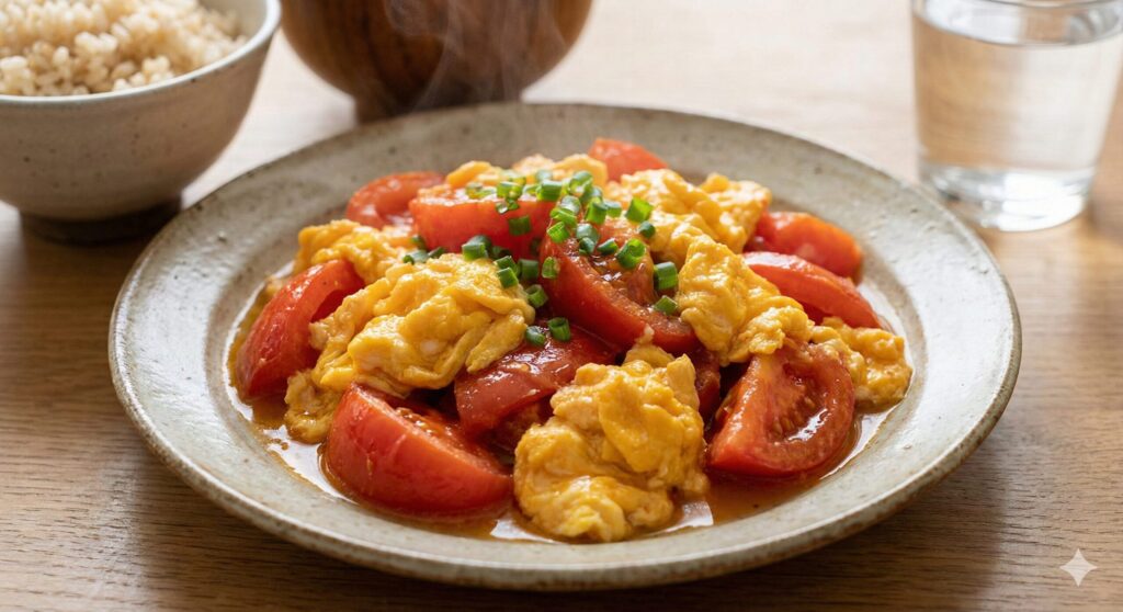 Tomato egg stir-fry cooking in olive oil to activate lycopene absorption.