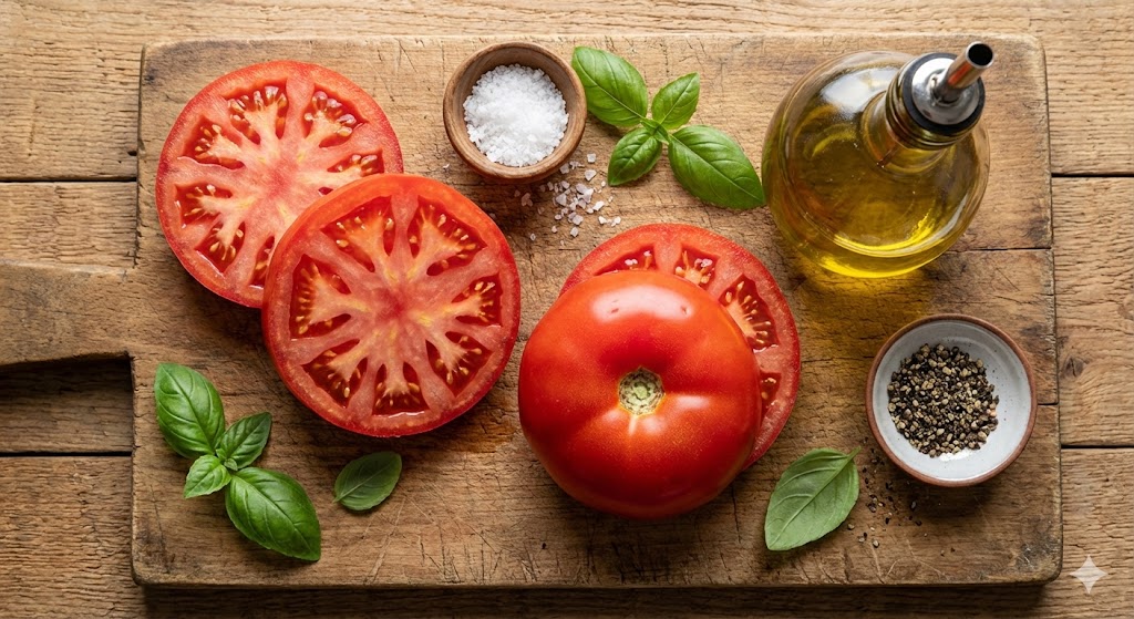 Fresh biohacking ingredients for pan-seared tomatoes, including thick-sliced ripe red tomatoes, a bottle of extra virgin olive oil, and coarse sea salt.