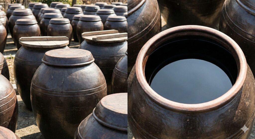 오랜 발효 과정에서 형성된 멜라노이딘의 깊은 색을 보여주는, 전통 옹기 항아리에서 숙성 중인 검고 진한 한국 전통 간장의 모습.