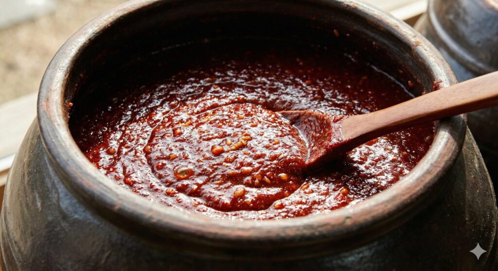 옹기 항아리 안에 담긴 찰지고 짙은 붉은색의 전통 고추장 클로즈업. 윤기 흐르는 발효된 표면 질감을 강조한 사진.