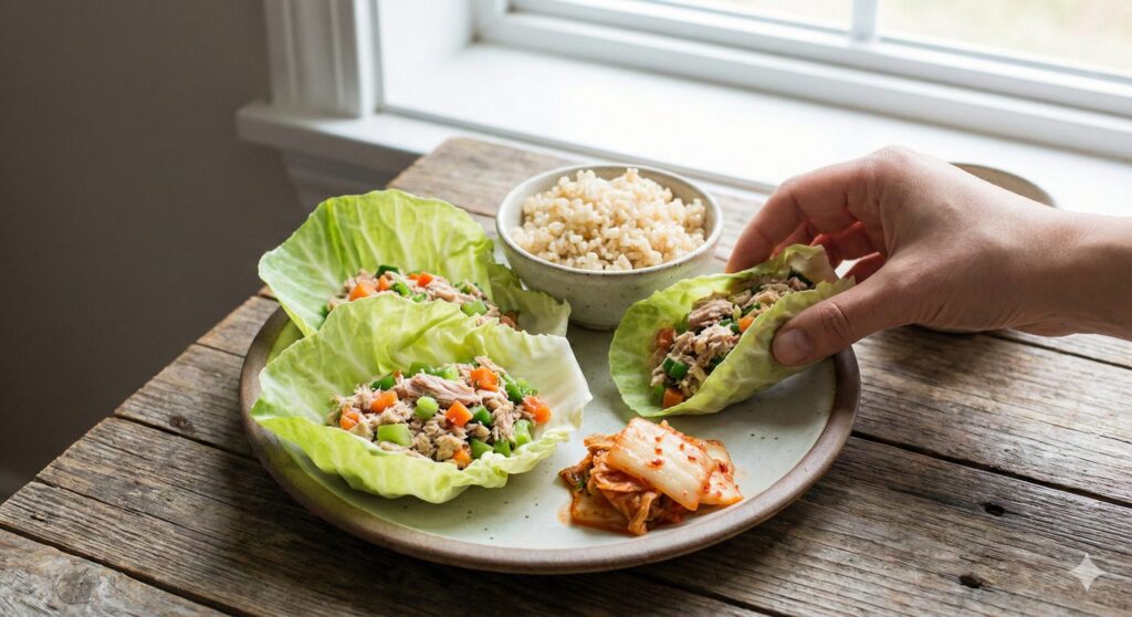 Healthy tuna cabbage wrap with brown rice, a perfect anti-inflammatory lunch.