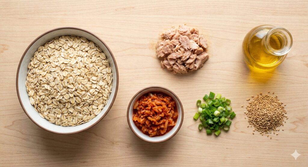 압착 귀리, 물기를 뺀 통조림 참치, 잘게 다진 묵은지, 생들기름, 다진 대파 등 바이오해킹 참치 김치 오트밀 죽을 위해 정확히 계량된 원재료 모음.