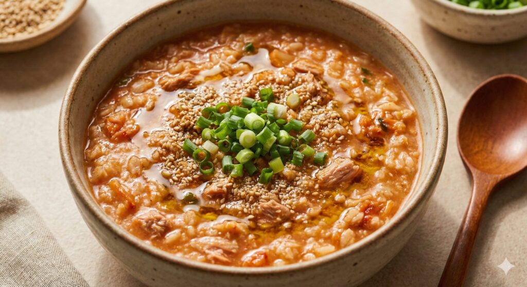 다진 대파와 으깬 통깨, 윤기가 흐르는 생들기름이 토핑된, 투박한 도자기 그릇에 담긴 김이 모락모락 나는 크리미한 참치 김치 오트밀 죽 플레이팅.