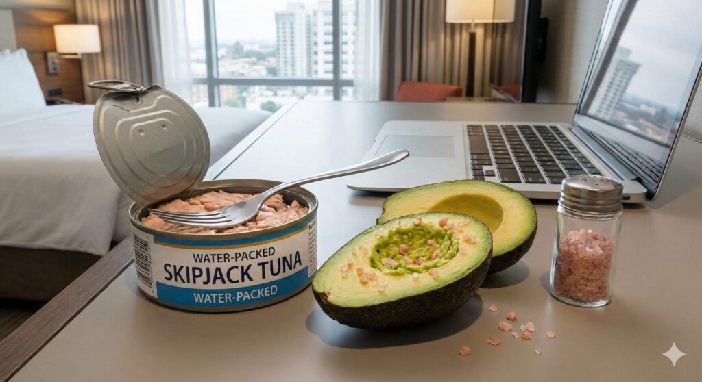 A can of tuna, a portable fork, and an avocado on a hotel desk, illustrating a biohacker's emergency travel meal.
